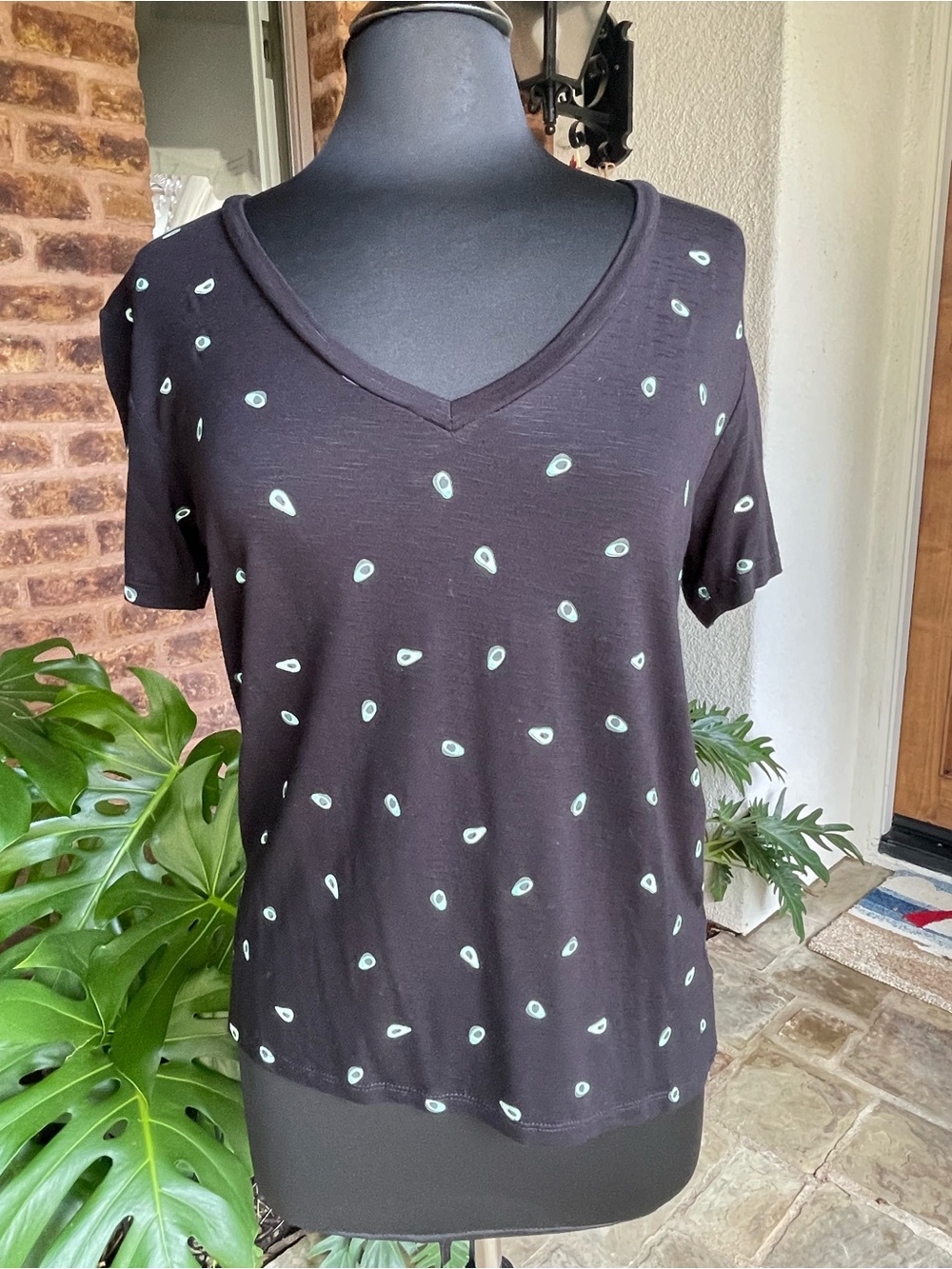 Women's Black V-Neck Short Sleeve Tee with Mint Accent